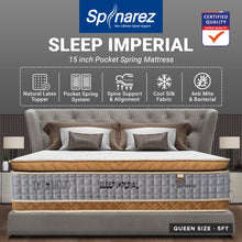 Load image into Gallery viewer, Spinarez Sleep Imperial 15" Pocket Spring Mattress with Natural Latex Topper, Ice Silk Soft Fabric, Euro Top & Pillow Top Design, Anti-Dustmite, Anti-Bacterial, Hypoallergenic - Firmness 5/10, 15 Year Warranty