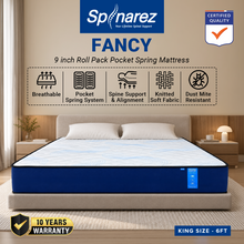 Load image into Gallery viewer, SPINAREZ FANCY 9 Inch Roll Pack Pocket Spring Mattress Medium Firm 6/10 Anti Dust Mite Antibacterial Hypoallergenic
