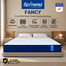 Load image into Gallery viewer, SPINAREZ FANCY 9 Inch Roll Pack Pocket Spring Mattress Medium Firm 6/10 Anti Dust Mite Antibacterial Hypoallergenic
