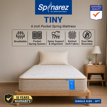 Load image into Gallery viewer, SPINAREZ TINY 6 Inch Roll Pack Pocket Spring Mattress Medium Firm 6/10 Anti Dust Mite Antibacterial Hypoallergenic, Single mattress
