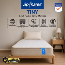 Load image into Gallery viewer, SPINAREZ TINY 6 Inch Roll Pack Pocket Spring Mattress Medium Firm 6/10 Anti Dust Mite Antibacterial Hypoallergenic, Single mattress

