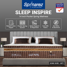 Load image into Gallery viewer, Spinarez Sleep Inspire 14&quot; Pocket Spring Mattress with Natural Latex Topper | Anti-Dustmite, Anti-Bacterial, Hypoallergenic | Ice Silk Soft Fabric, Double Euro Top Border, Firmness 5/10 | 12-Year Warranty
