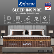Load image into Gallery viewer, Spinarez Sleep Inspire 14&quot; Pocket Spring Mattress with Natural Latex Topper | Anti-Dustmite, Anti-Bacterial, Hypoallergenic | Ice Silk Soft Fabric, Double Euro Top Border, Firmness 5/10 | 12-Year Warranty
