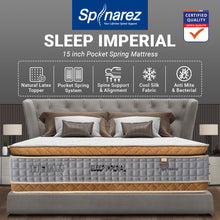 Load image into Gallery viewer, Spinarez Sleep Imperial 15&quot; Pocket Spring Mattress with Natural Latex Topper, Ice Silk Soft Fabric, Euro Top &amp; Pillow Top Design, Anti-Dustmite, Anti-Bacterial, Hypoallergenic - Firmness 5/10, 15 Year Warranty
