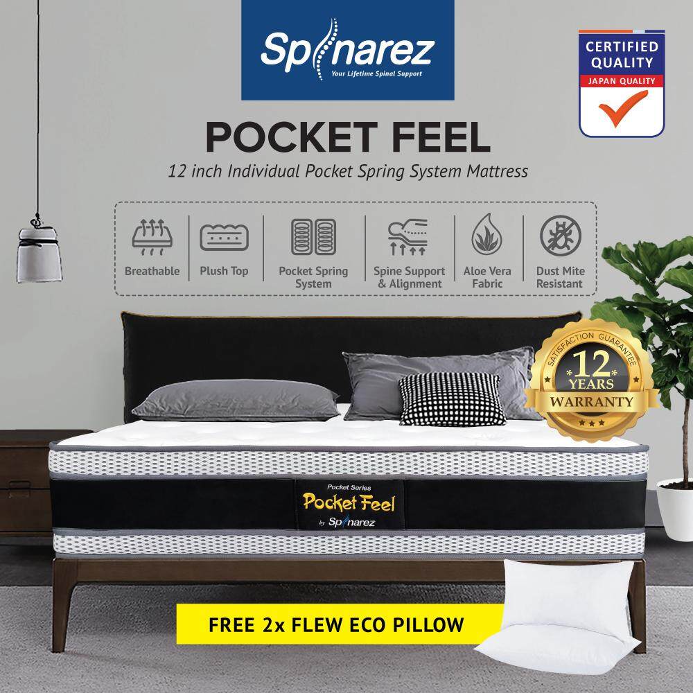 SpinaRez Pocket Feel Tilam Mattress 12 inch Individual Pocket Spring System (FREE 2pcs Flew XL Pillow)